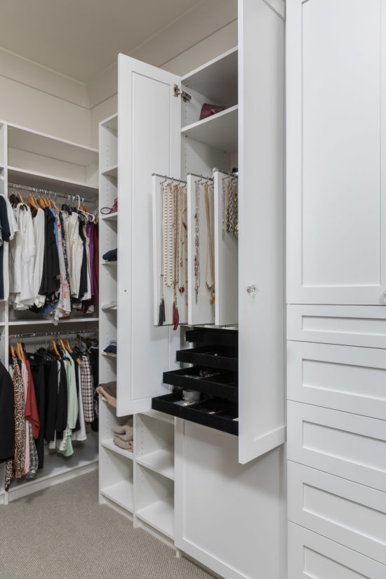 Master Closet, White cabinets, Jewelry Storage, Storage, Closet